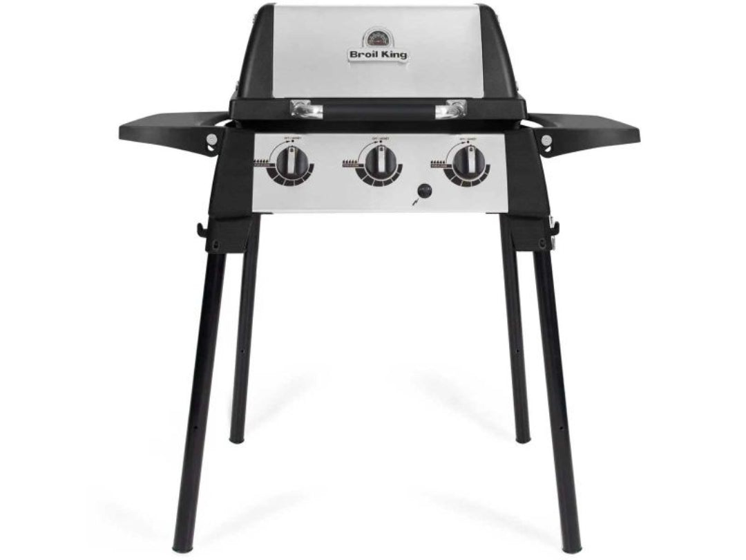 Portable freestanding gas grill, Broil King Porta-Chef, compact 3-burner design with foldable legs