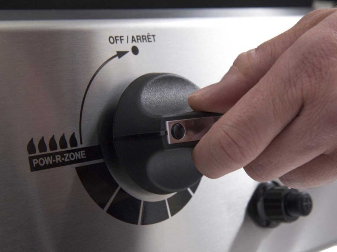 Control knob, Broil King POW-R-ZONE dial, stainless steel gas grill with hand adjusting burner setting