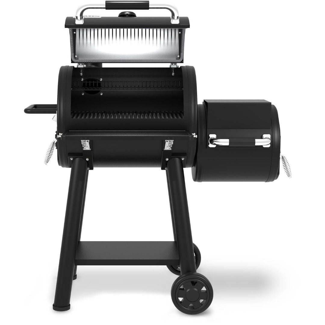 Offset smoker grill, Broil King, Smoke series, lid open, side firebox, powder-coated steel, large cooking chamber