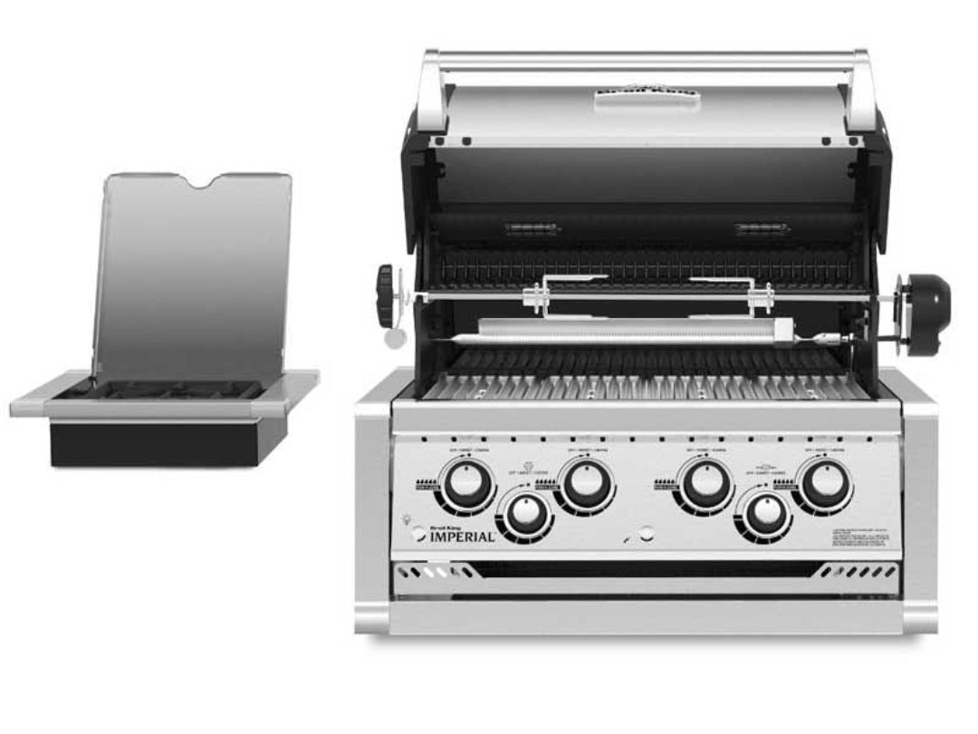 Broil King Imperial built-in grill with open hood, rotisserie kit, and stainless steel side burner