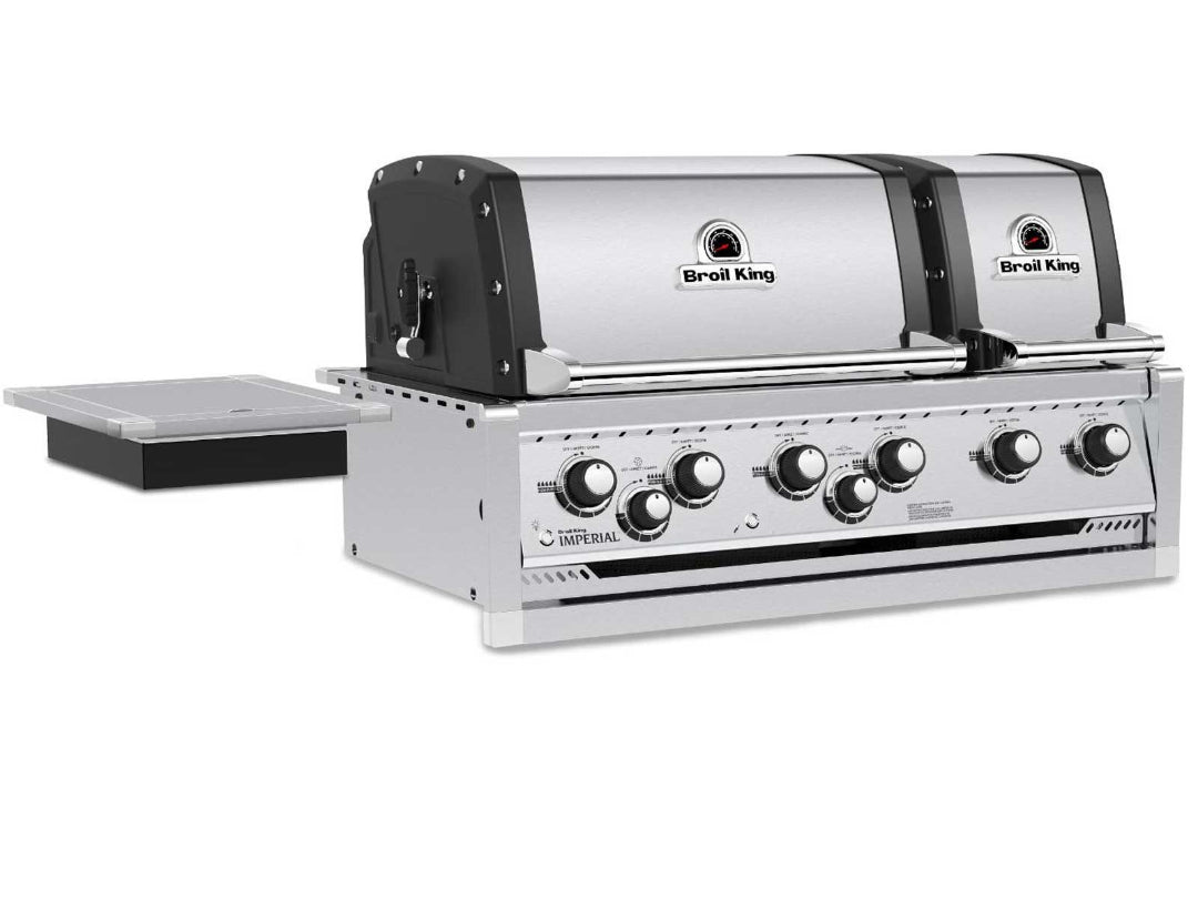 Built-in gas grill, Broil King, Imperial series, dual-lid 6-burner with side burner and stainless steel body design.