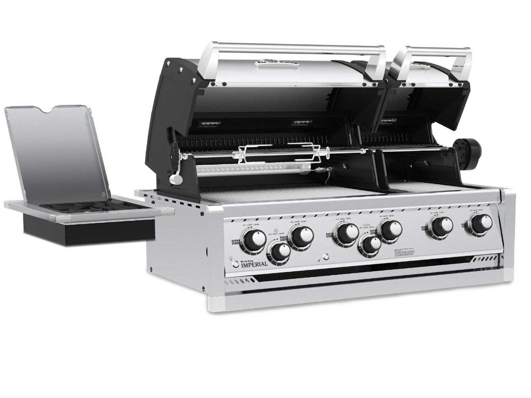 Built-in gas grill, Broil King, Imperial series, 6-burner dual-lid with rotisserie, side burner, and open hood view.