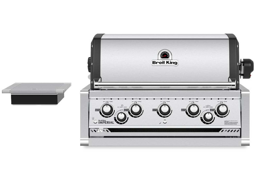 Built-in gas grill, Broil King, Imperial series, 5-burner design with rear rotisserie and stainless steel finish.