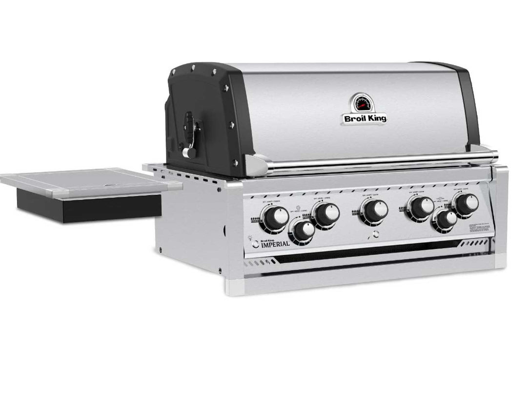 Built-in gas grill, Broil King, Imperial series, stainless steel body with 5 control knobs and side burner shelf.