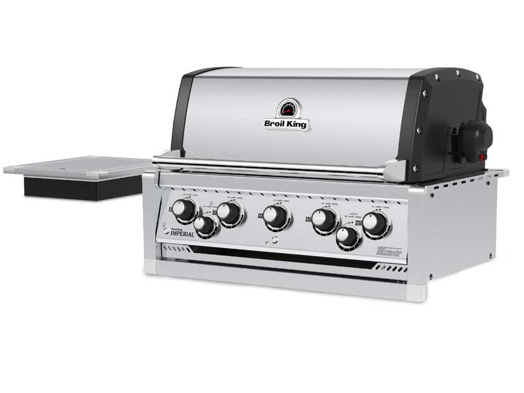 Built-in gas grill, Broil King, Imperial series, stainless steel design with side burner and 5 control knobs.