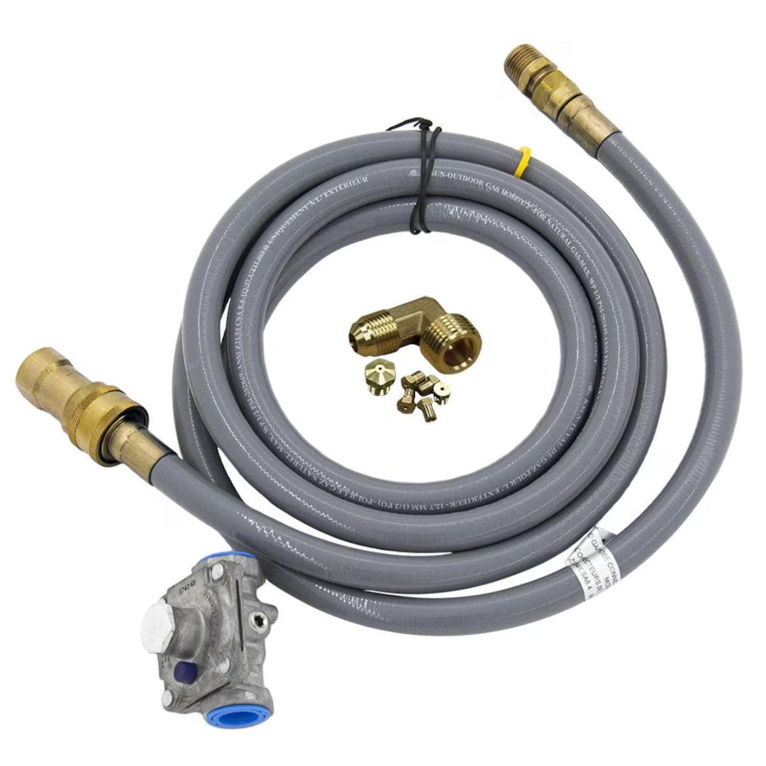 AOG grill propane-to-natural-gas conversion kit hose assembly with gray gas hose, brass fittings, elbow adapter and orifice jets for AOG barbecue conversion