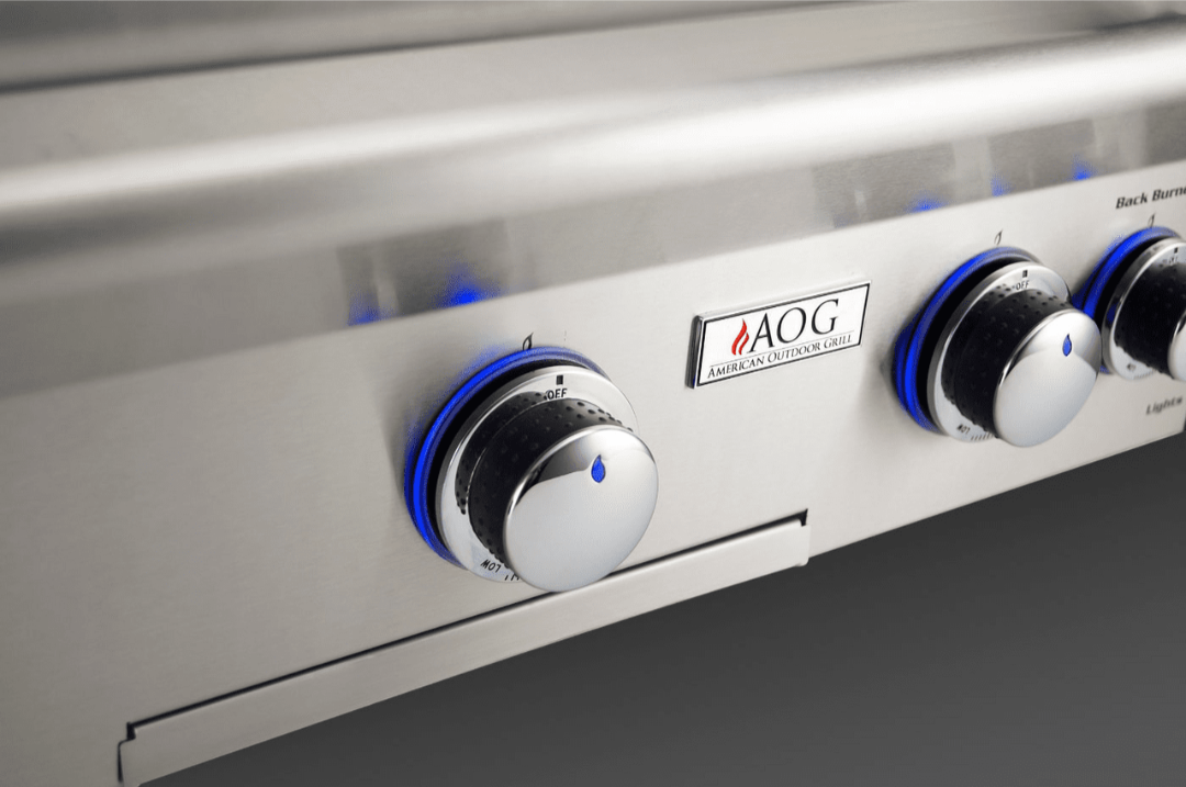 AOG AOGL36 36-inch built-in natural gas grill stainless steel front control panel with backlit blue LED rotary knobs and AOG American Outdoor Grill logo