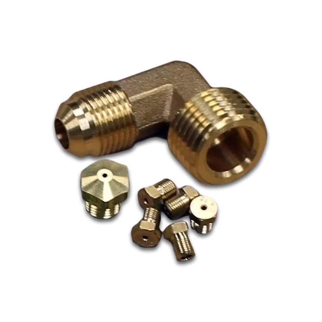 AOG brass orifice kit 90-degree elbow adapter with assorted replacement brass gas orifice jets for propane and natural gas stoves, ovens, grills and burners