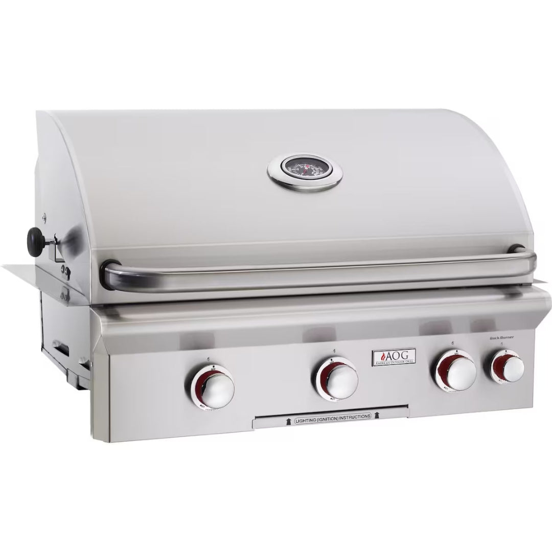 AOG T30 Series 30-inch built-in stainless steel gas grill head with three main burners, rear rotisserie/back burner, integrated lid thermometer and stainless control knobs