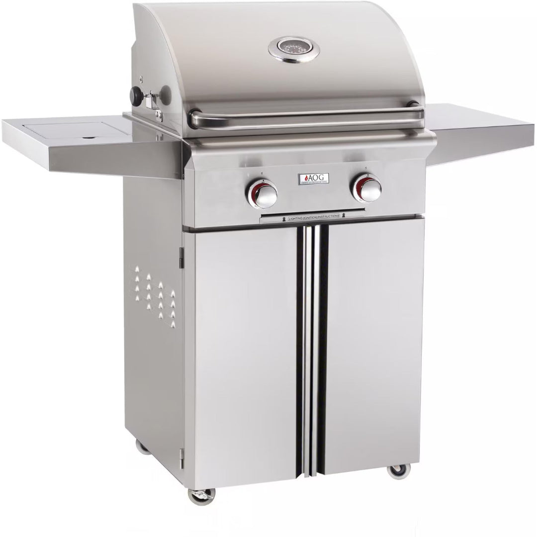 AOG 24PCT 24-inch stainless steel American Outdoor Grill two-burner propane cart grill with built-in lid thermometer, stainless steel side shelves, double-door storage cabinet and caster wheels