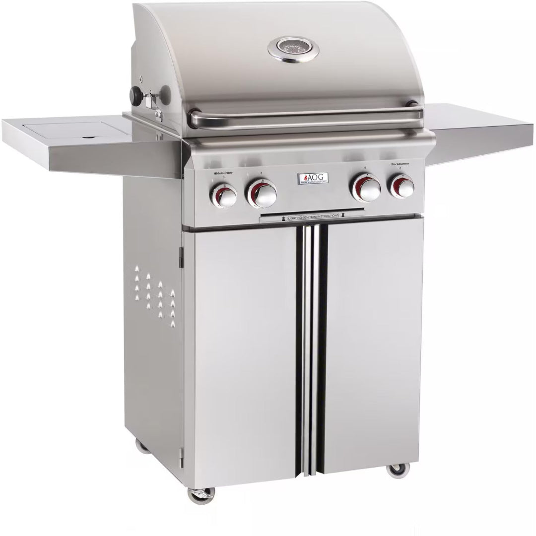 AOG 24PCT 24-inch stainless steel 3-burner propane gas grill cart with side burner, built-in lid thermometer, fold-down stainless shelves and double-door storage cabinet for outdoor kitchen