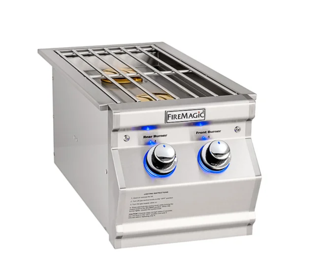 FireMagic Aurora stainless steel built-in double side burner for grill island, lid off, two brass burners, blue LED illuminated control knobs, outdoor kitchen accessory