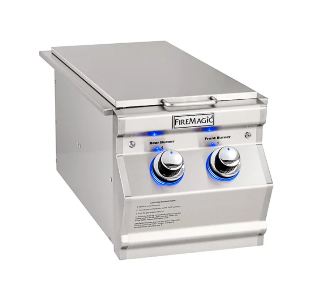 FireMagic Aurora 2-burner stainless steel built-in grill side burner with lid and blue LED control knobs for outdoor kitchen