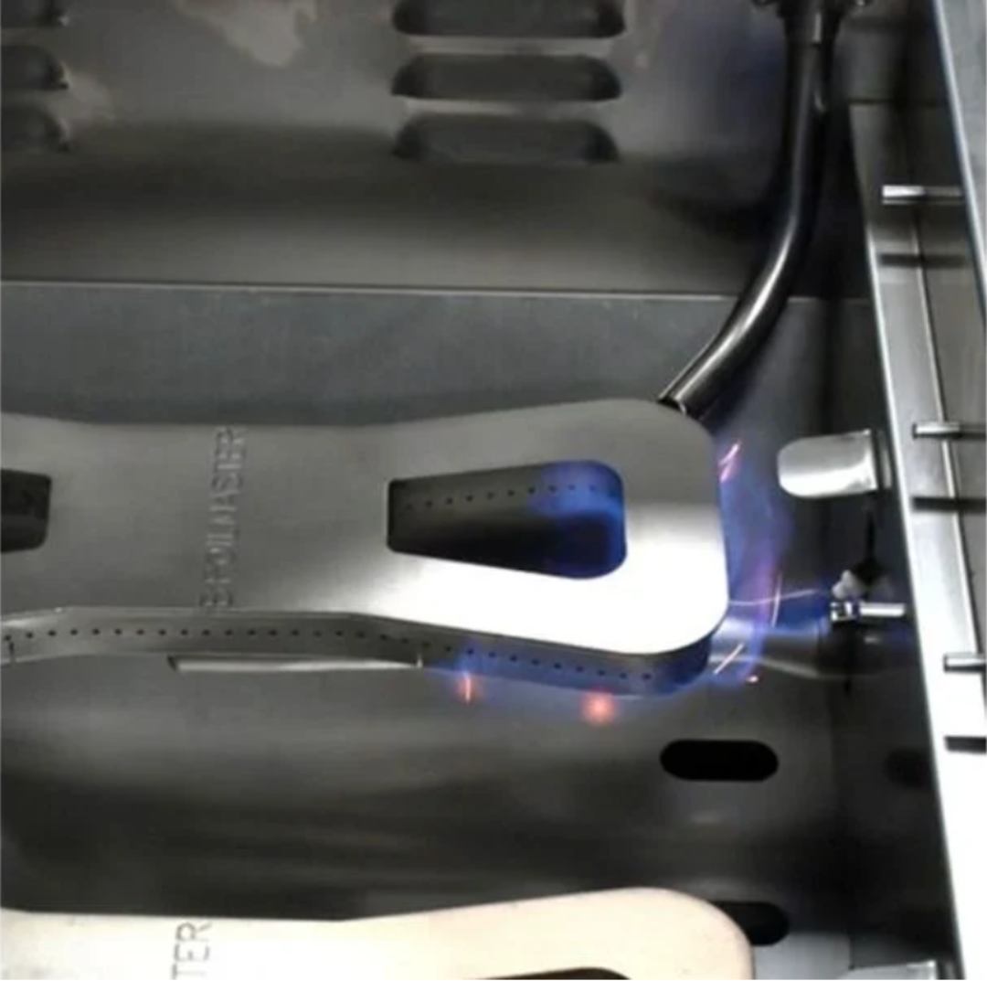 BSB322GP stainless steel replacement U-shaped gas grill burner with lit blue flame and visible gas supply tube
