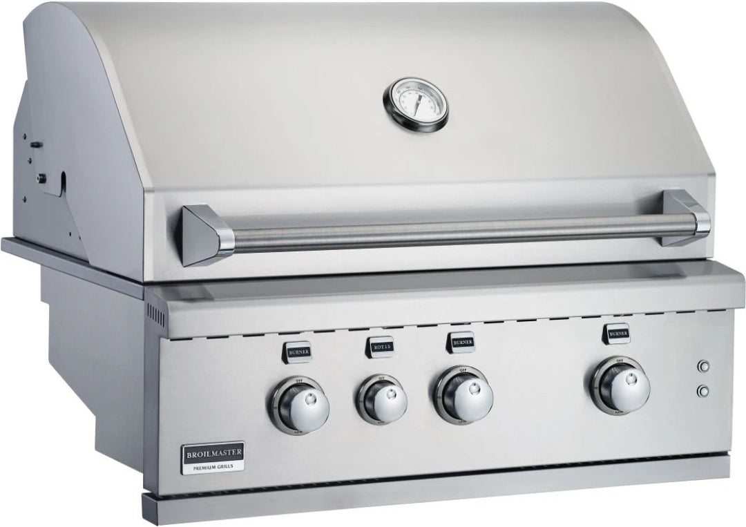 Broilmaster BSG343N1 stainless steel built-in 4-burner gas grill for outdoor kitchen with hood-mounted thermometer and front control knobs