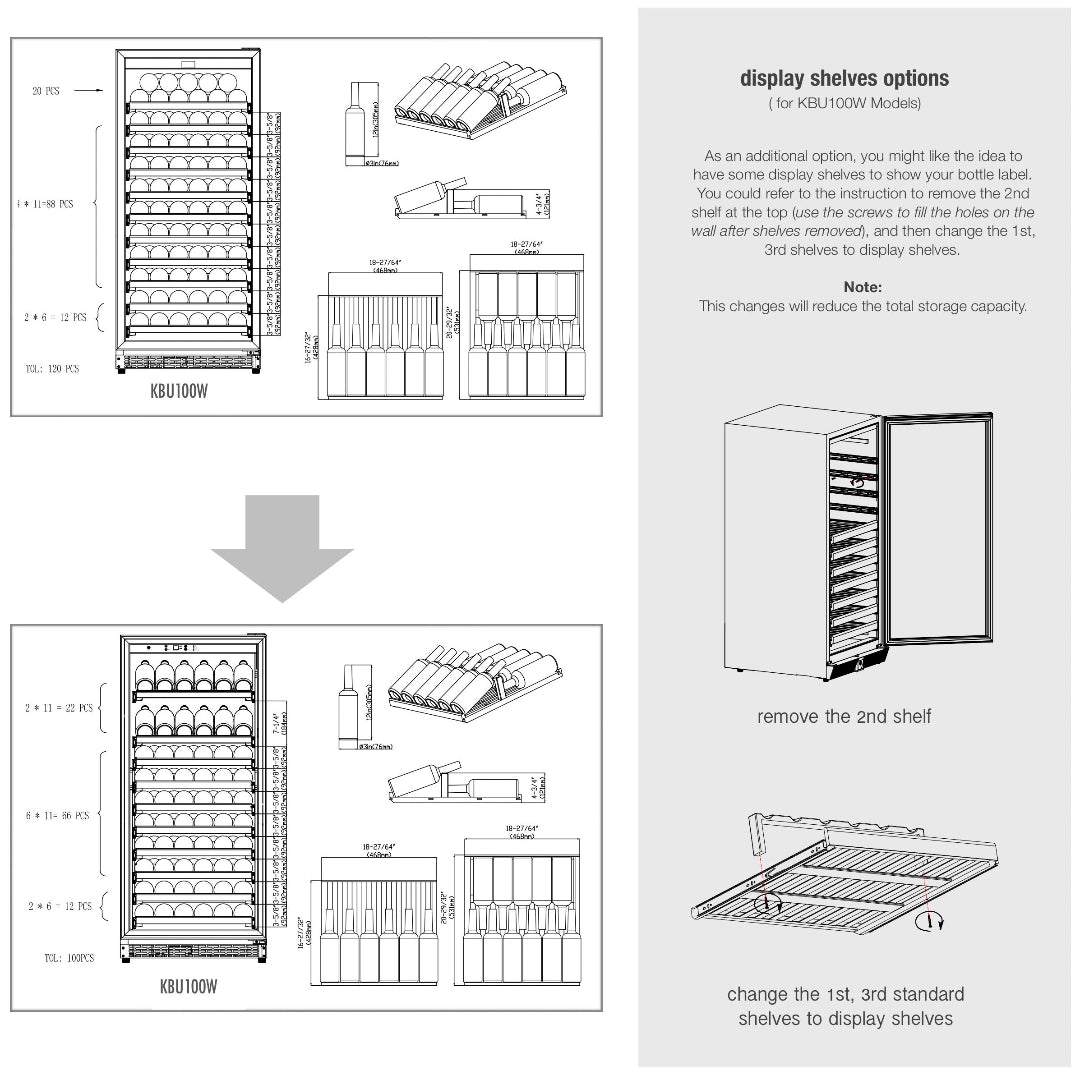 Vineandflame KBU100W wine cooler display-shelf options diagram showing removable 2nd shelf, conversion of 1st and 3rd shelves to bottle display racks, bottle layout and shelf dimensions
