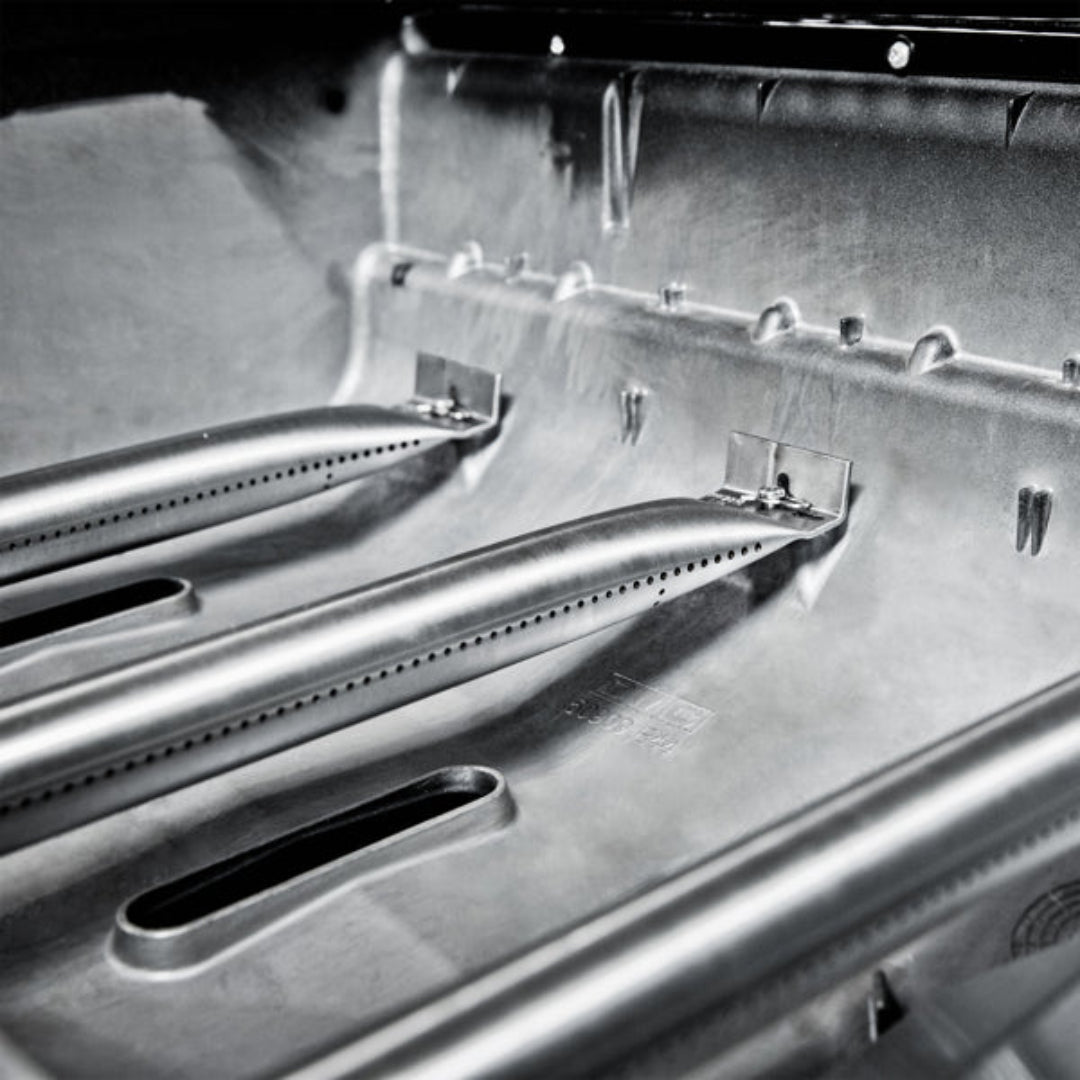 Burner system, Broil King, stainless steel tube burners, inside firebox with linear port openings