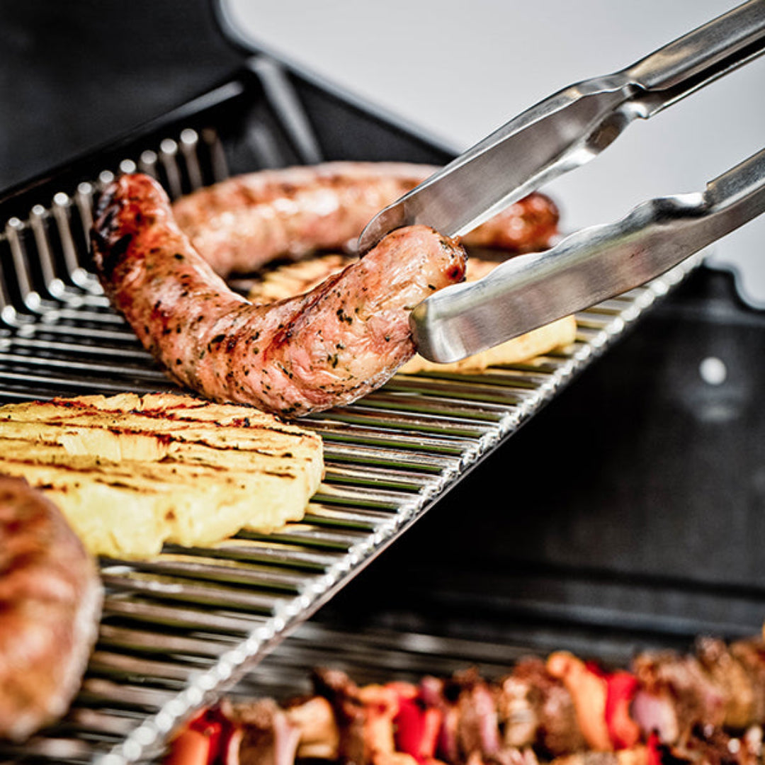 Warming rack, Broil King, grilled sausage and pineapple, stainless steel upper grill surface