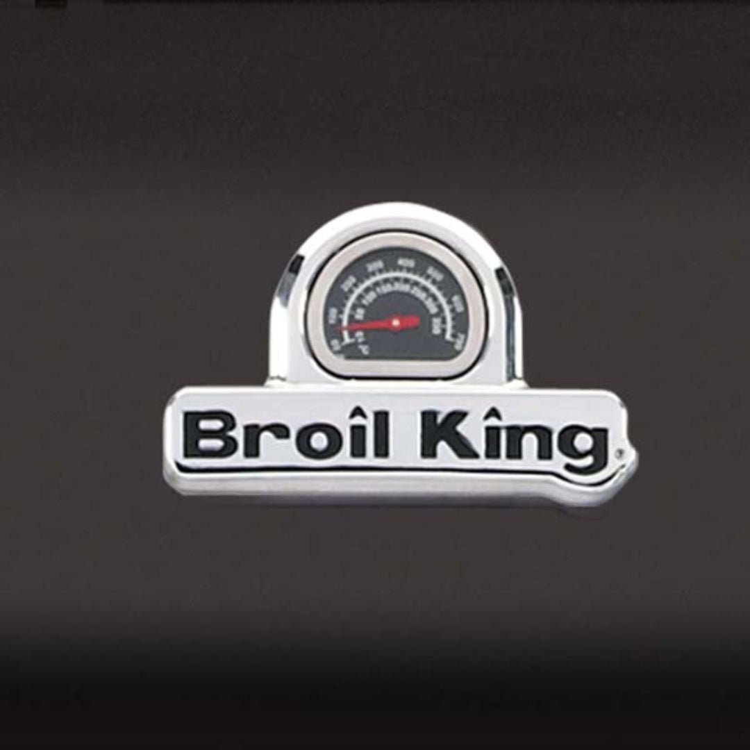 Lid thermometer, Broil King, hood-mounted temperature gauge, chrome bezel with logo