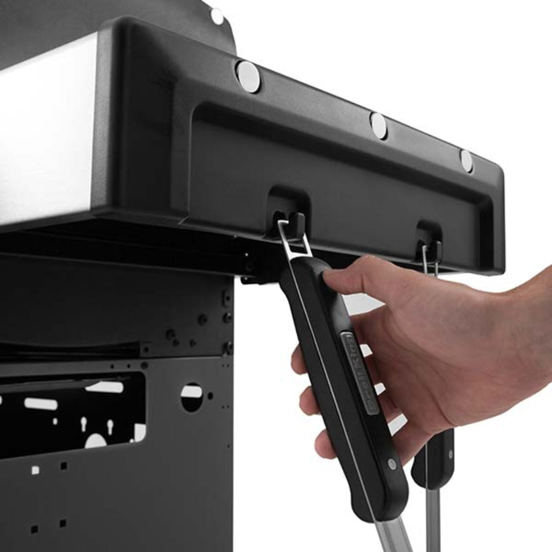 Side shelf tool hook, Broil King, integrated utensil storage, fold-down shelf with tongs