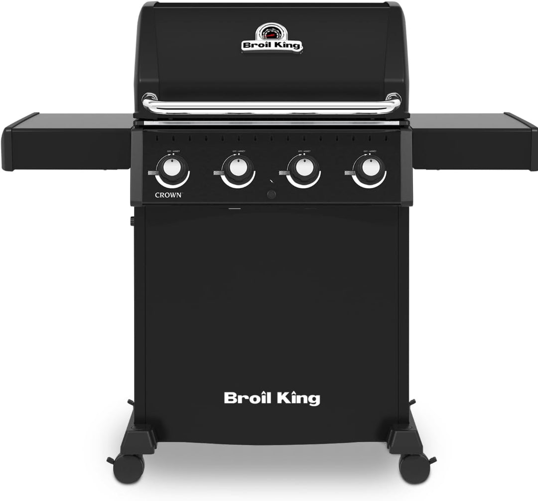 Freestanding grill, Broil King, Crown Series, 4-burner propane gas model with flat front panel and side shelves
