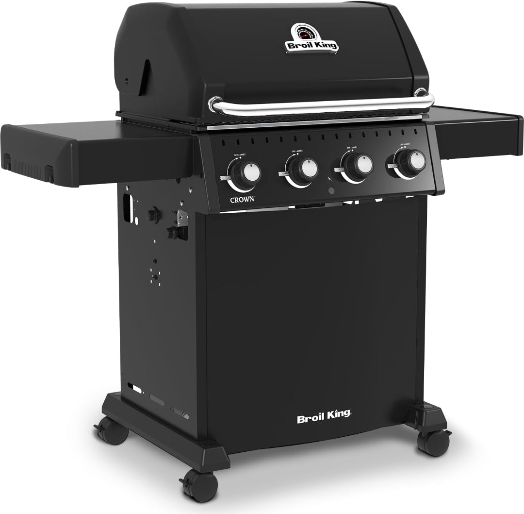 Freestanding grill, Broil King, Crown Series, 4-burner propane gas grill with hood closed and side shelves – angled view