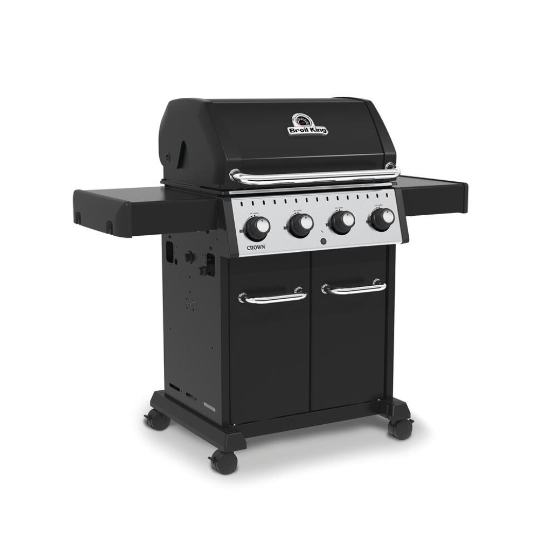Freestanding grill, Broil King, Crown Series, black 4-burner propane gas grill with dual doors and side shelves