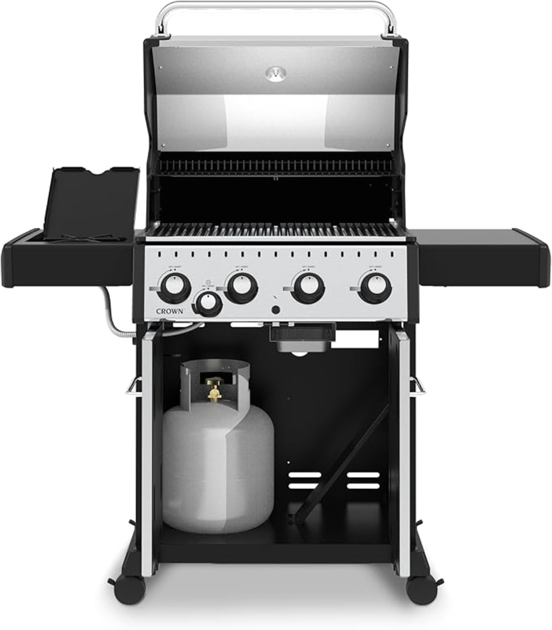 Freestanding grill, Broil King Crown Series, 4-burner propane with side burner, open cabinet showing LP tank