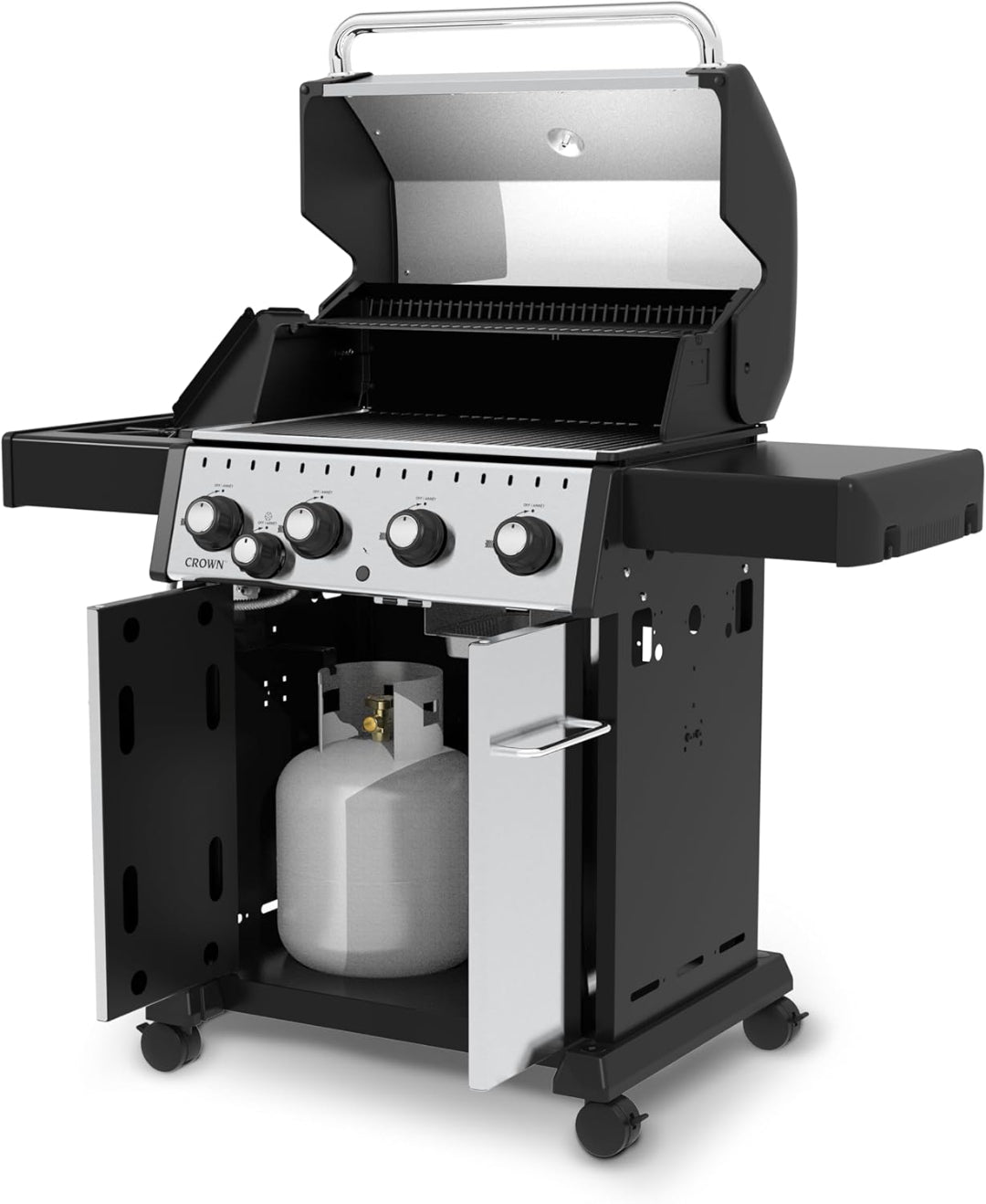 Broil King Crown Series 4-burner propane grill with cabinet doors open, propane tank visible, and hood lifted