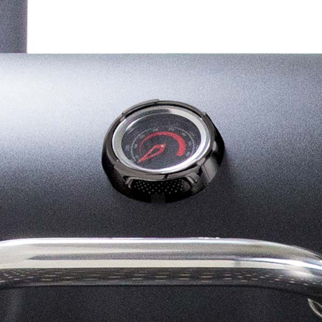 Lid-mounted thermometer, Broil King, Smoke Series, precise temperature control with chrome bezel and red needle gauge