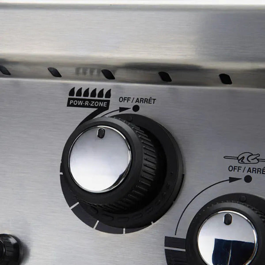 Control knobs, Broil King, close-up angle, black with polished chrome accents