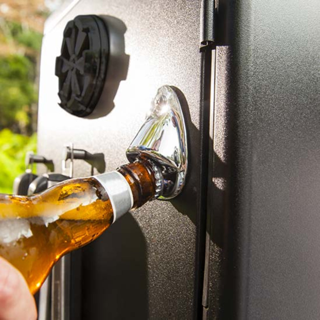 Bottle opener, Broil King Smoke series vertical smoker, built-in accessory for convenient outdoor beverage use