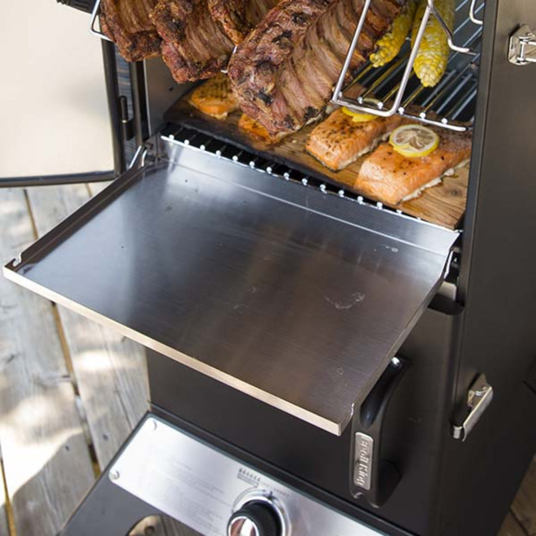 Broil King Vertical Gas Smoker, Food on Grates, Stainless Steel Shelf, Ribs and Salmon Cooking