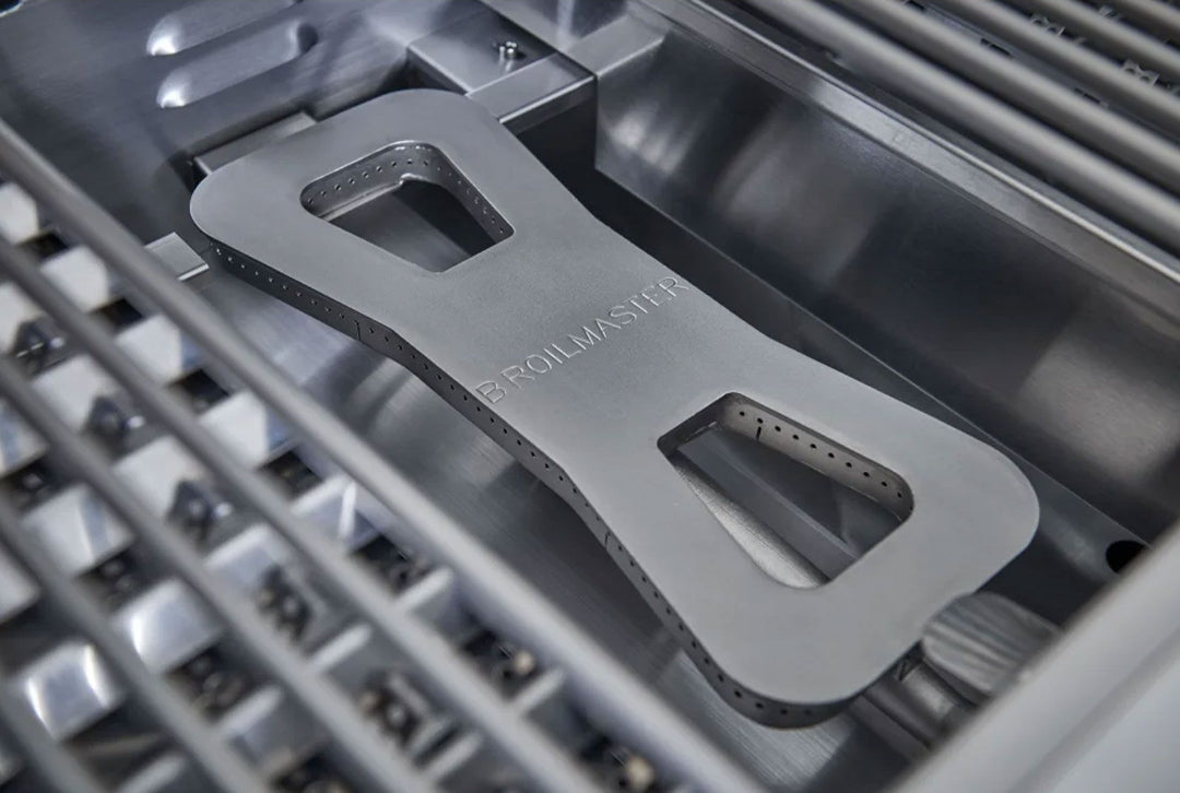 Broilmaster B-Series BSB324P 32-inch 4-burner stainless propane grill close-up cast burner heat diffuser embossed BROILMASTER