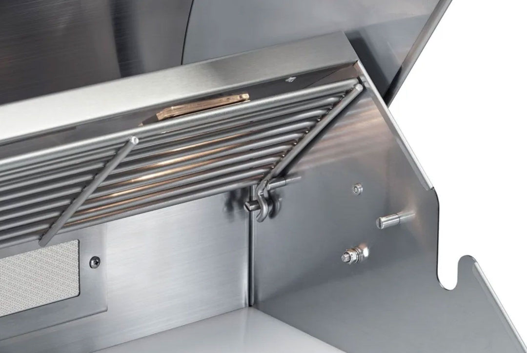 Broilmaster BSB324P B‑Series 32‑inch 4‑burner stainless propane grill interior close-up showing warming rack, stainless steel flame tamer and mounting hardware