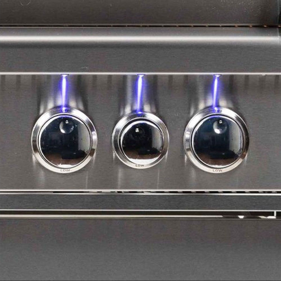 Broilmaster BSB324MGP marine grade stainless steel 32-inch 4-burner propane grill control knobs with blue LED illumination