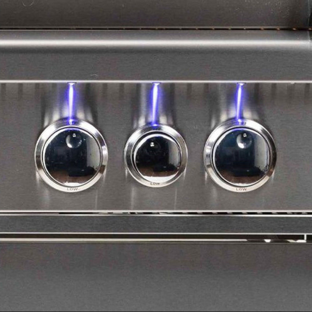Broilmaster BSB324MGN marine-grade 32-inch 4-burner natural gas grill stainless steel control knobs with blue LED indicator lights close-up