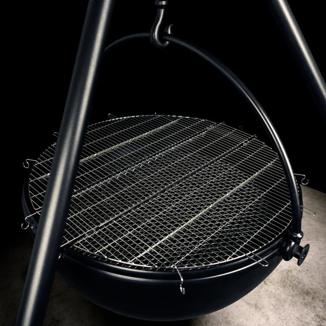 CC-54001 hanging tripod fire pit with black steel bowl and removable stainless-steel cooking grate, adjustable chain and hooks for outdoor campfire grilling