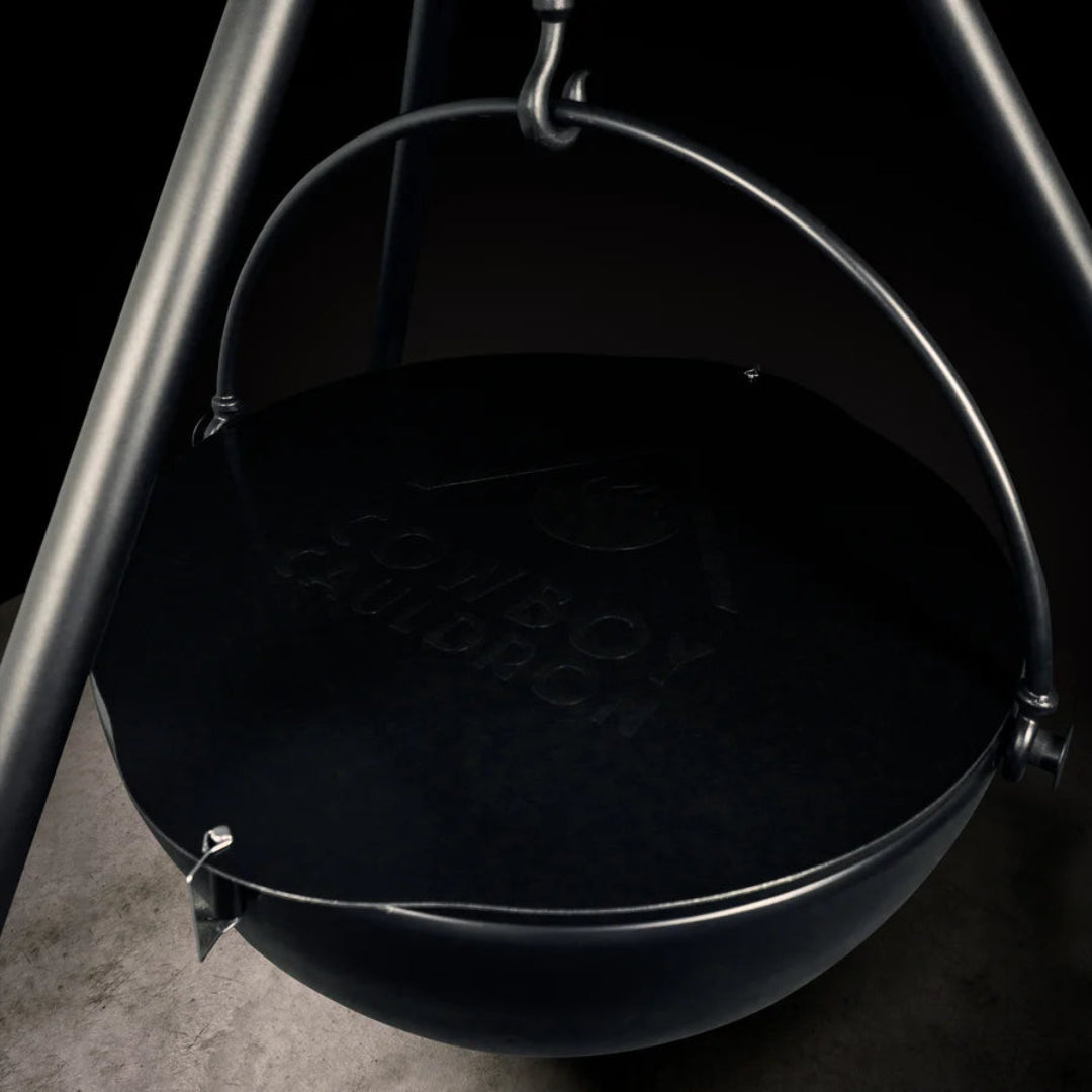 CC-54001 cast iron hanging cauldron with flat lid and bail handle on tripod for outdoor campfire cooking potjie