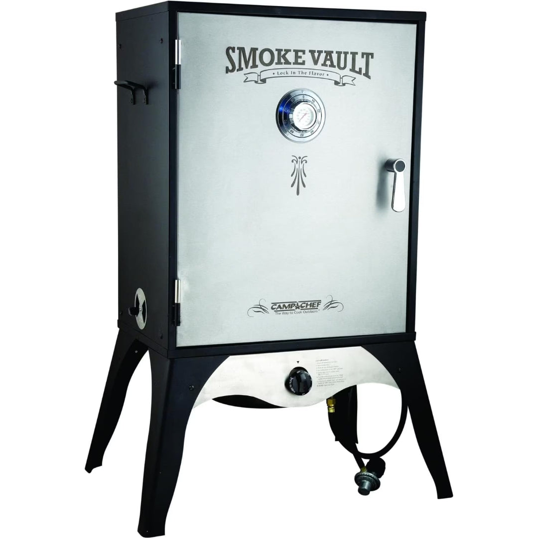 Camp Chef Smoke Vault 24-inch vertical propane gas smoker with stainless steel door, built-in analog thermometer, front handle and black steel legs