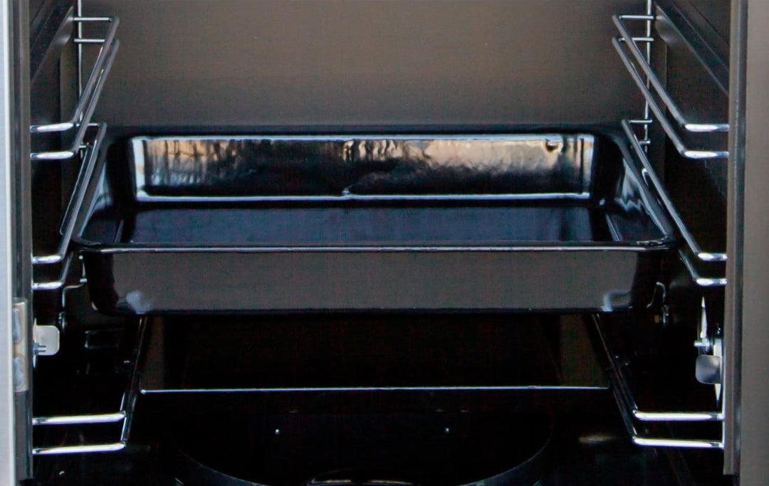 Camp Chef 24-inch vertical smoker interior with porcelain-enamel water/drip pan on center rack — replacement drip tray for Camp Chef smokers