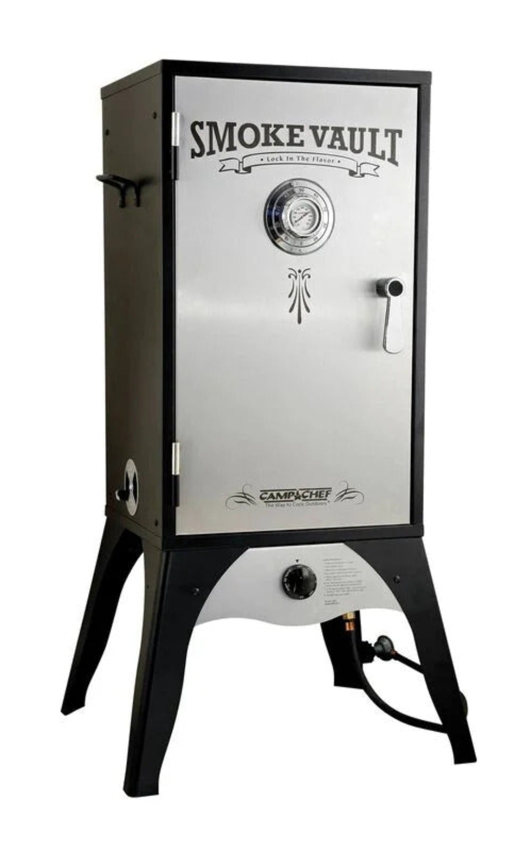 Camp Chef Smoke Vault SMV18S stainless steel 18-inch vertical propane smoker with built-in dial thermometer, latch handle and regulator hose for backyard meat smoking
