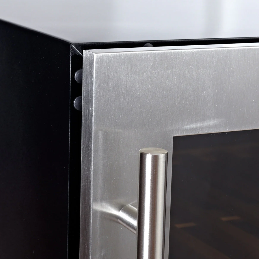 Close-up of Component Seamless SS brushed stainless steel electric fireplace door frame with tubular handle and glass panel
