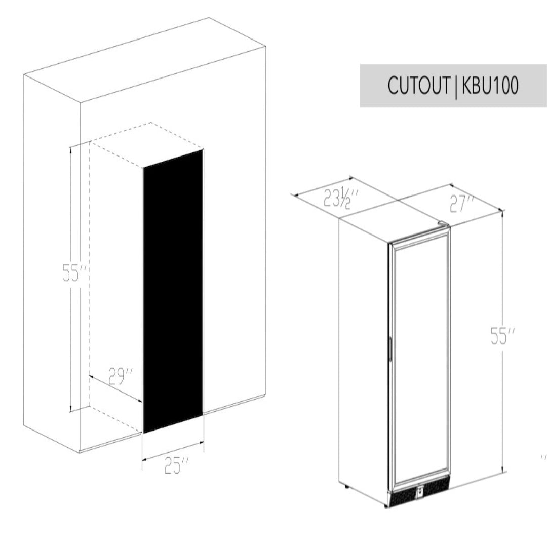 KBU100 cutout diagram for built-in single-door glass-front beverage refrigerator 25" cutout width x 55" height x 29" depth (cabinet 23.5" W, 27" overall D) Vine & Flame
