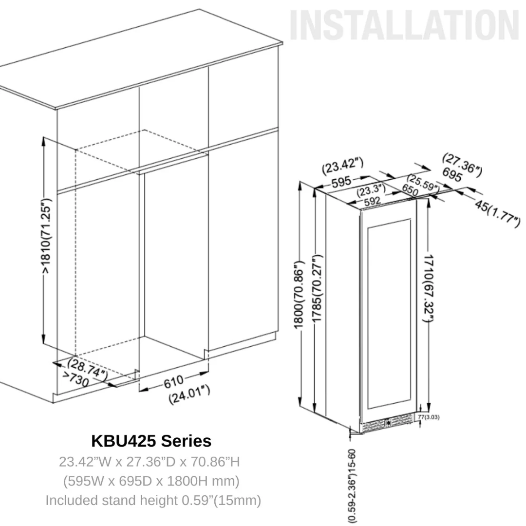 KBU425 Series panel-ready built-in wine refrigerator installation and cabinet cutout diagram, dimensions 23.42″W x 27.36″D x 70.86″H (595 x 695 x 1800 mm), included 0.59″ (15 mm) stand height