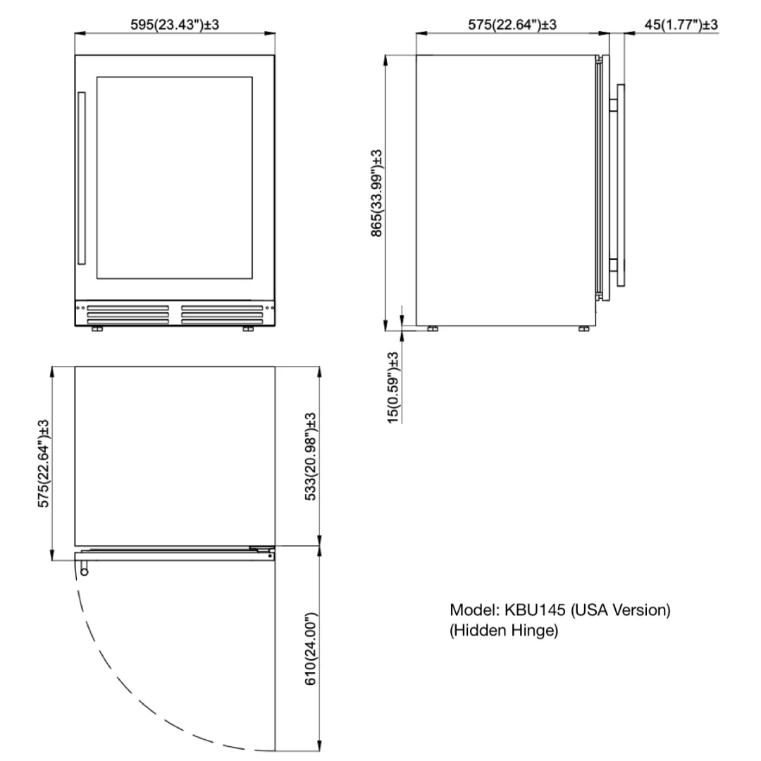 KBU145 (USA) built-in undercounter beverage refrigerator technical dimensions diagram — 595mm (23.43″) W x 865mm (33.99″) H x 575mm (22.64″) D; hidden hinge, bottom-vented glass-door wine cooler