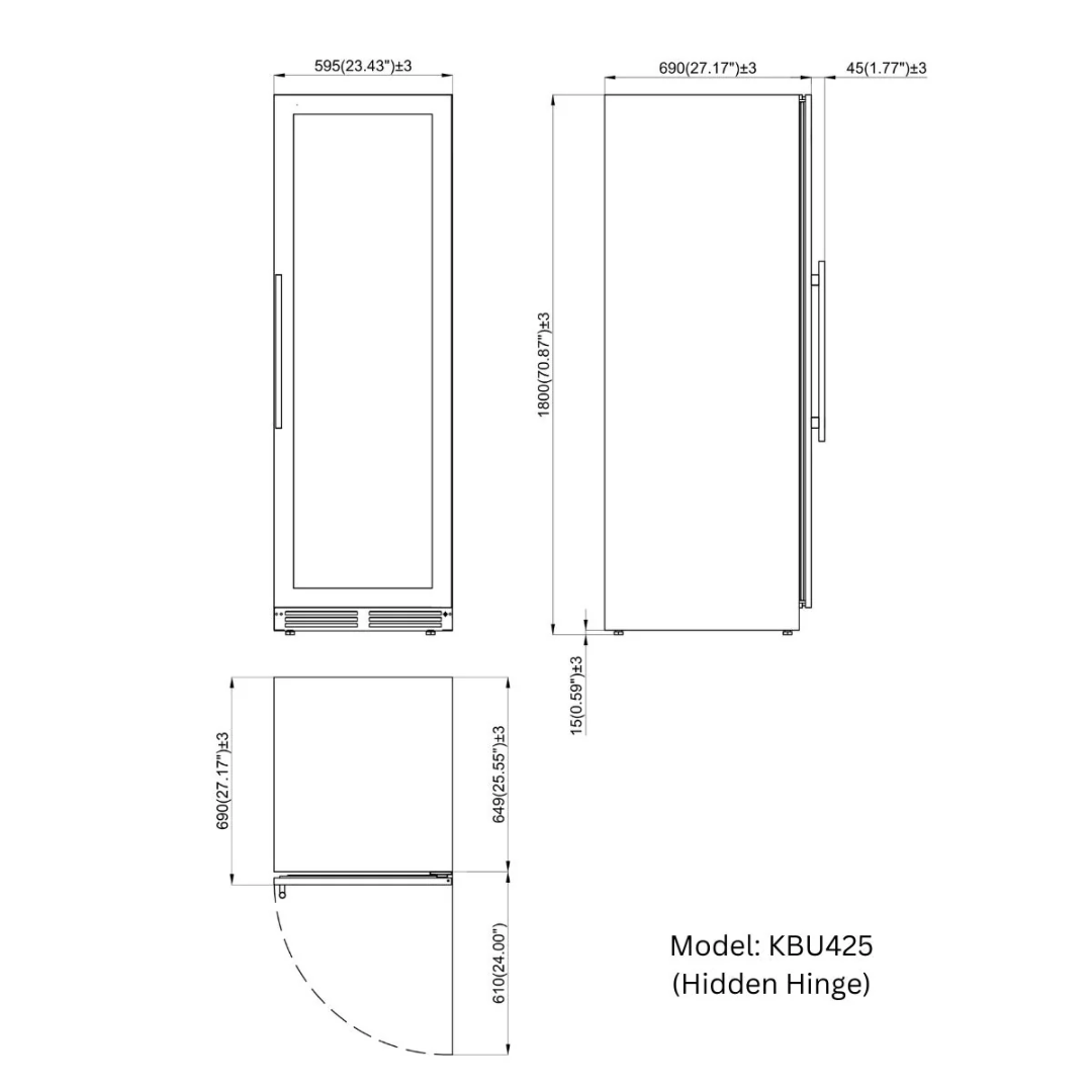 KBU425 hidden-hinge built-in single-door wine cooler technical dimensions drawing – front, side and top views; 595 mm (23.43") W × 1800 mm (70.87") H × 690 mm (27.17") D