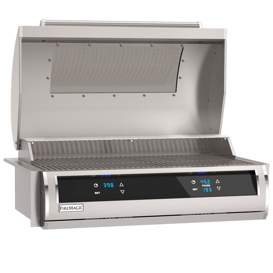FireMagic EL500i-4Z1E built-in stainless steel gas grill for outdoor kitchen with open hood, stainless cooking grates and dual blue LED digital temperature displays with probe