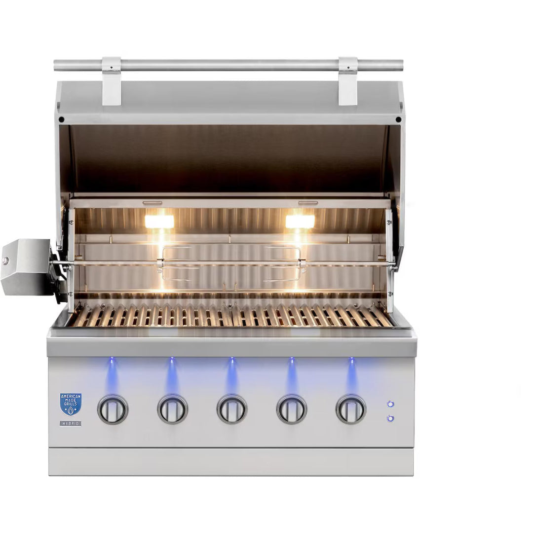 Built-in grill, American Made Grills, Encore 36-inch propane model with lid open, illuminated interior, and blue LED-lit control knobs