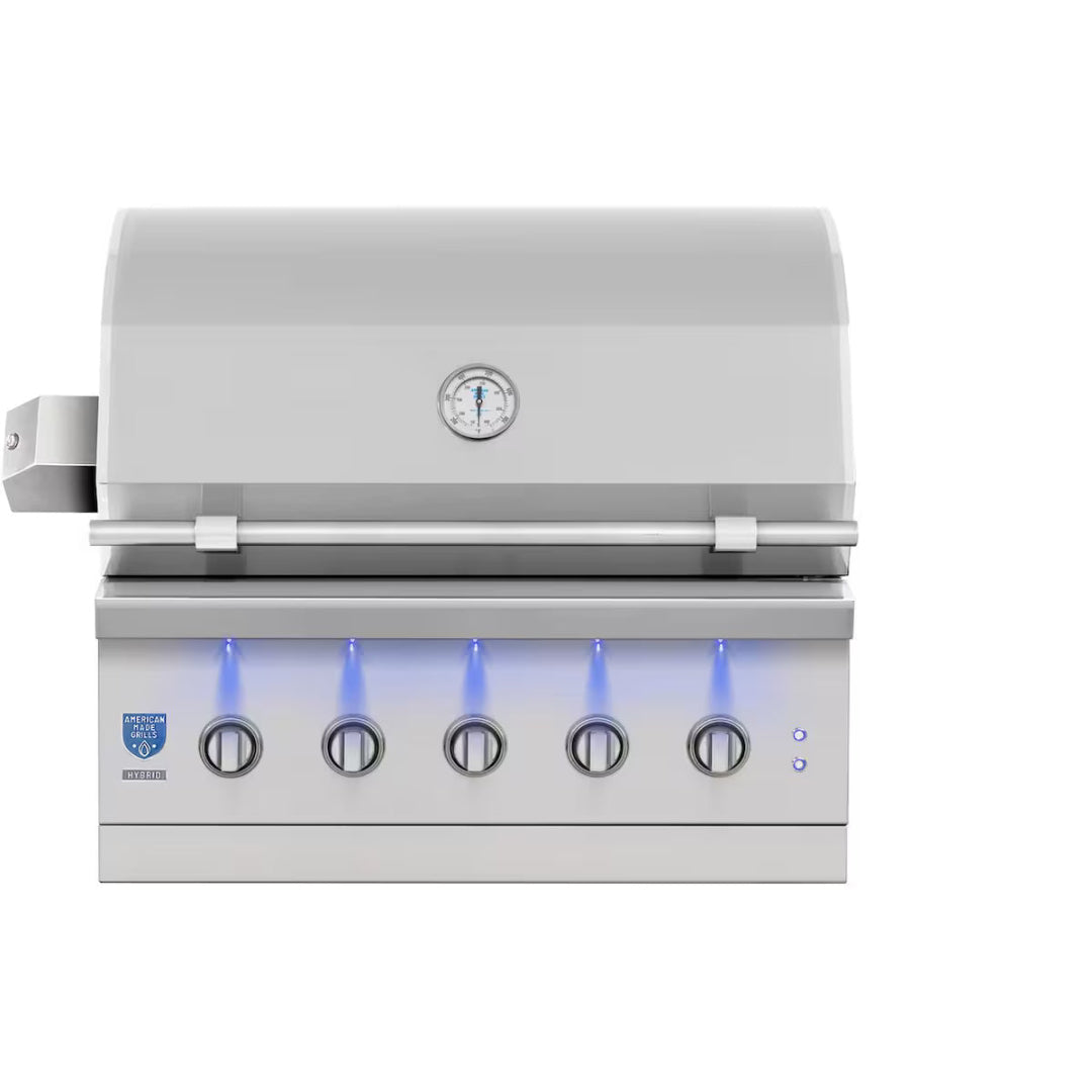 Built-in grill, American Made Grills, Encore 36-inch natural gas model with closed lid and blue LED control knobs